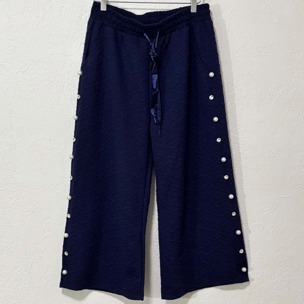 Simply Southern Quilted Wide Leg Culottes Sz L Navy Blue Pearl Rhinestones Comfy